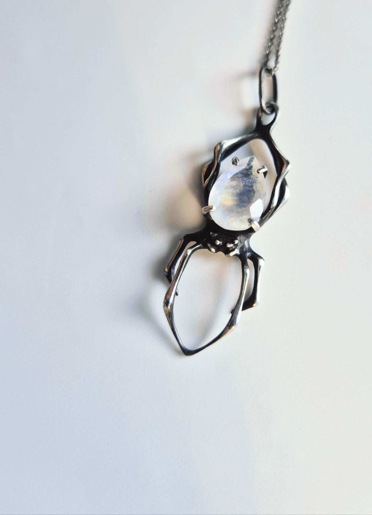 Spider necklace  - Rainbow moonstone gem  - Handmade oxidized jewelry