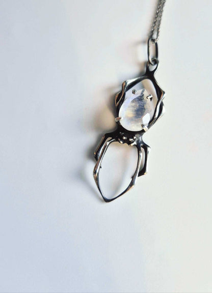 Spider necklace  - Rainbow moonstone gem  - Handmade oxidized jewelry