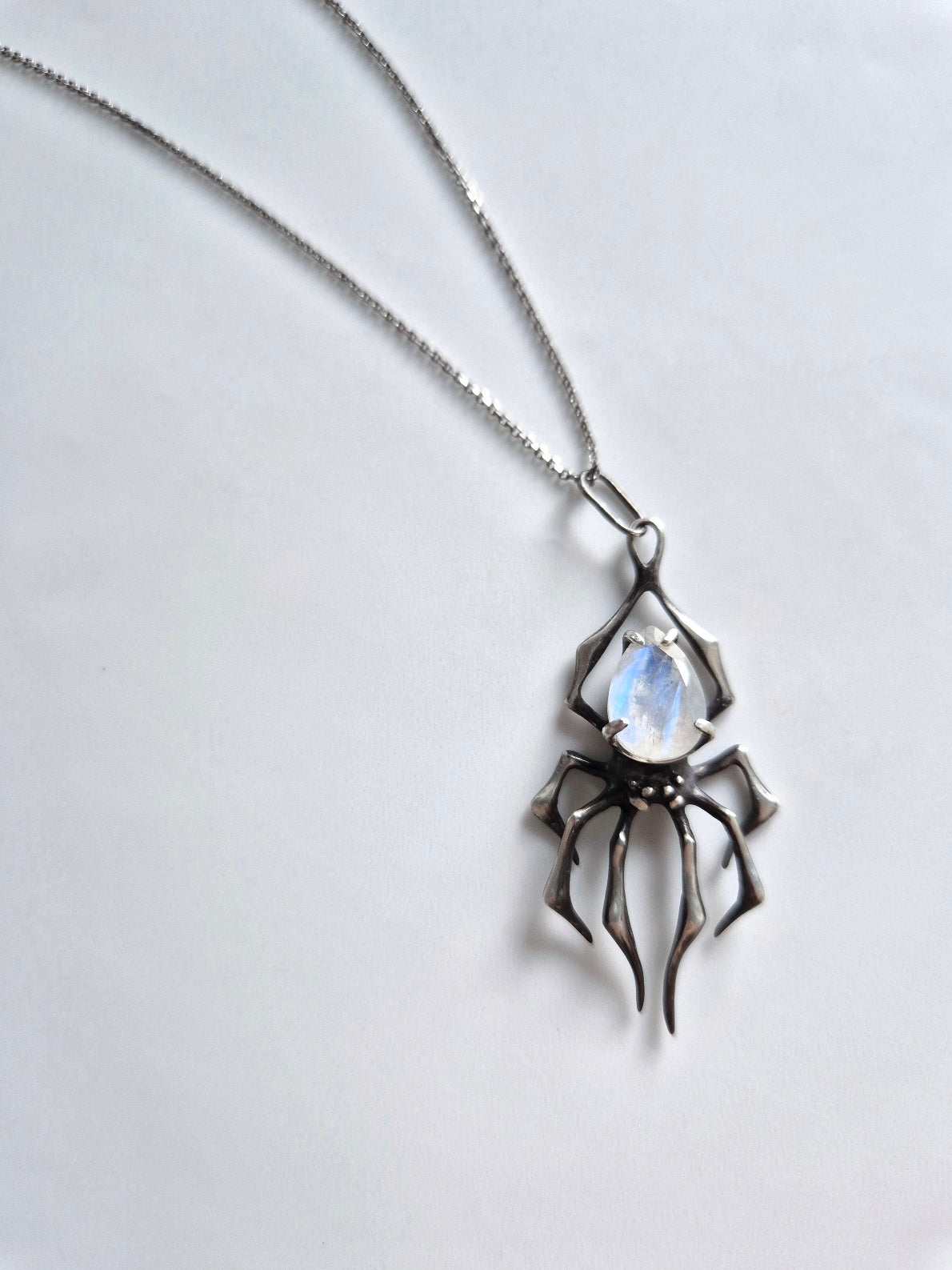 Spider necklace in Sterling silver - Rainbow Moonstone gem - Custom crafted