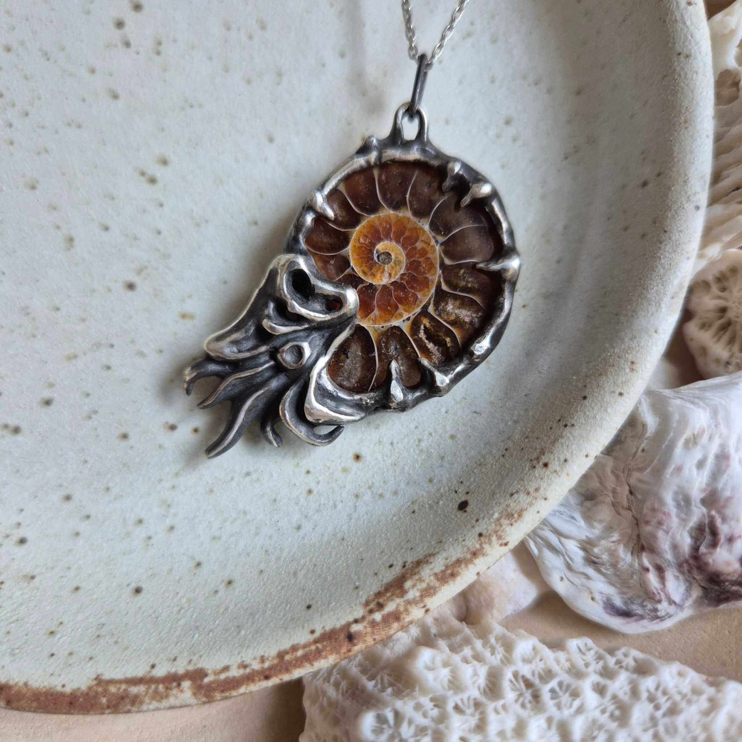 Nautilus pendant, handmade silver amulet with authentic ammonite relic