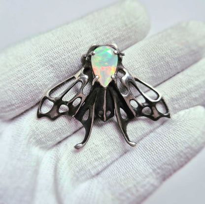 Opal Moth pendant with a natural Ethiopian opal gem, silver talisman