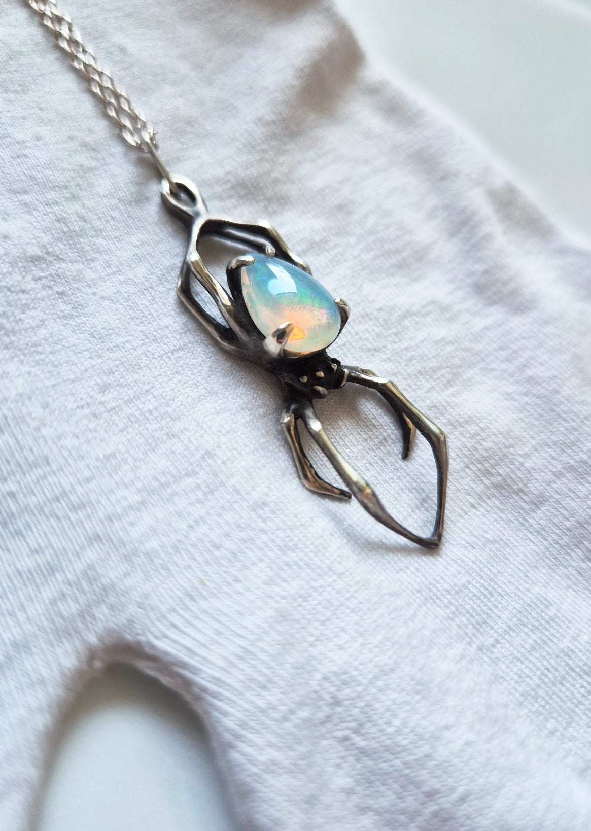 Spider Necklace in Sterling silver – natural Opal gem - One-of-a-kind / Ready to ship