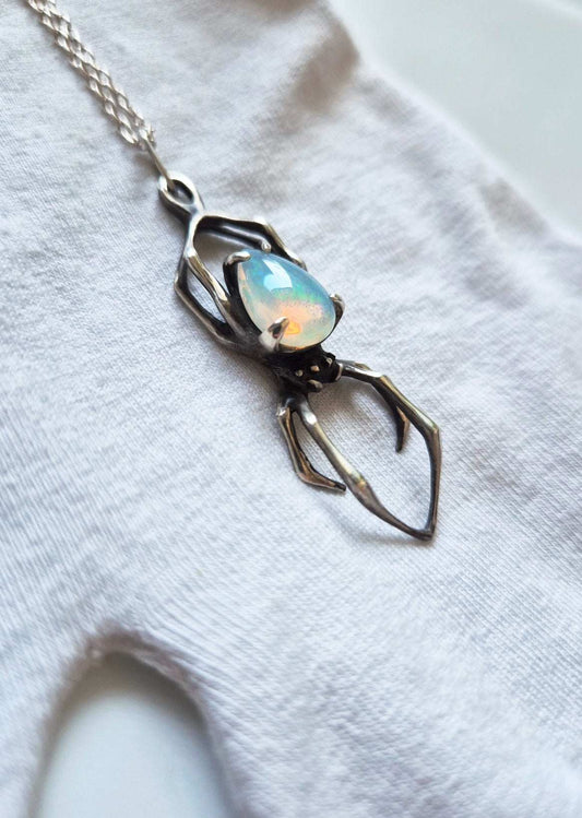 Spider Necklace in Sterling silver – natural Opal gem - One-of-a-kind / Ready to ship