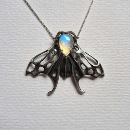 Lunar Moth Pendant, Silver Talisman with a rainbow moonstone gem