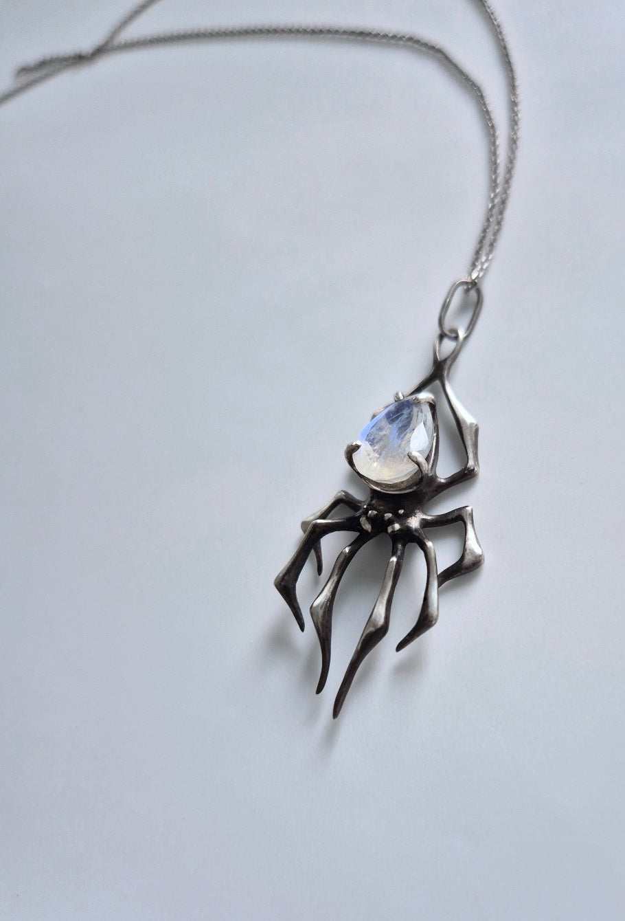 Spider necklace in Sterling silver - Rainbow Moonstone gem - Custom crafted