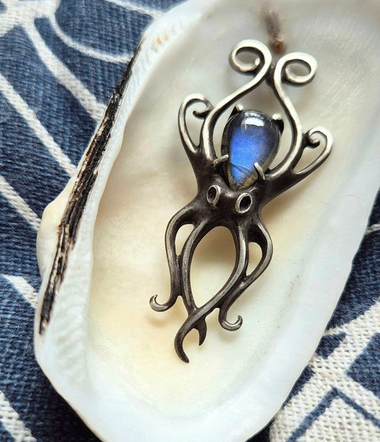 Silver Octopus necklace - Blue Labradorite gem - Handmade silver jewelry