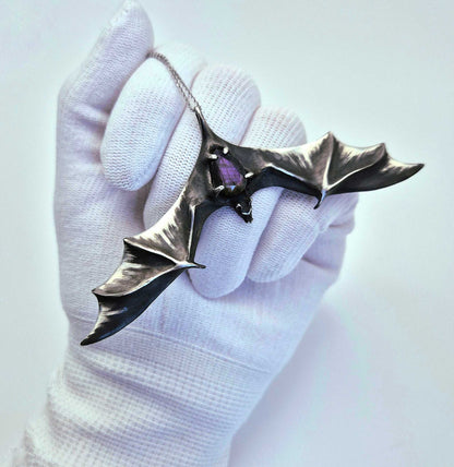 Lavender Bat pendant, Witchy silver talisman