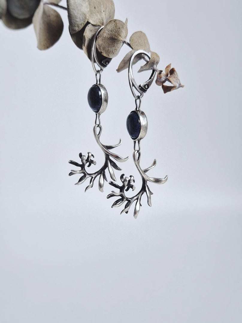 Fern earrings – Natural dumortierite gems - Handmade oxidized silver jewelry