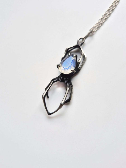 Spider necklace in Sterling silver - Rainbow moonstone gem  - Ready to ship