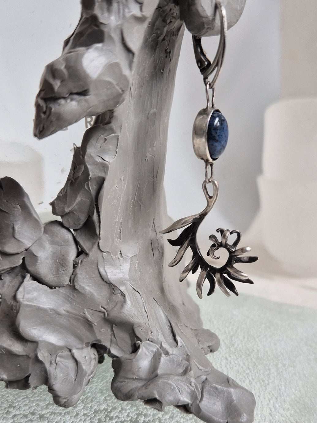 Fern earrings – Natural dumortierite gems - Handmade oxidized silver jewelry