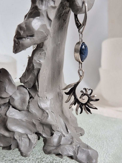 Fern earrings – Natural dumortierite gems - Handmade oxidized silver jewelry