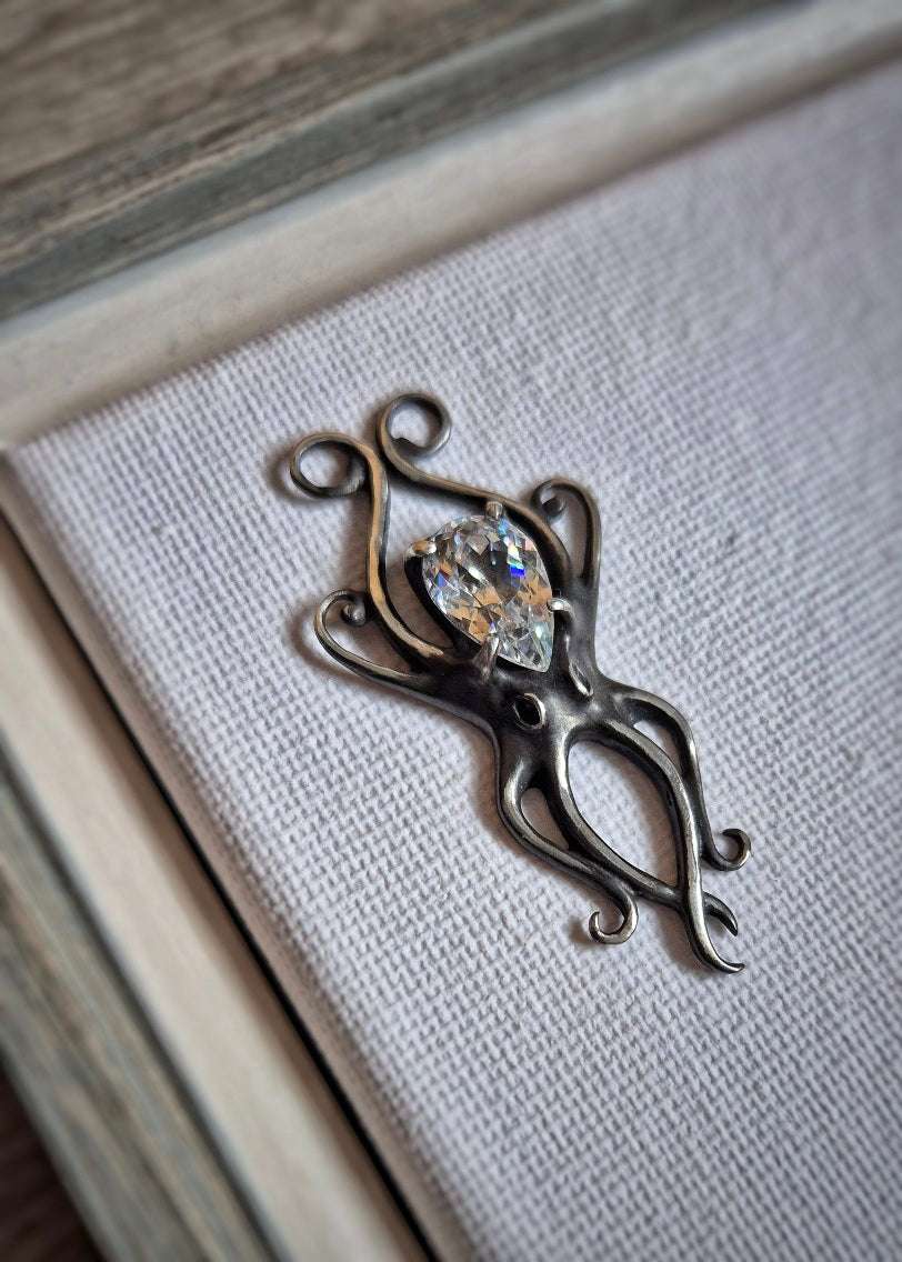 Silver octopus pendant resting on a textured surface, emphasizing detail and gemstone placement.
