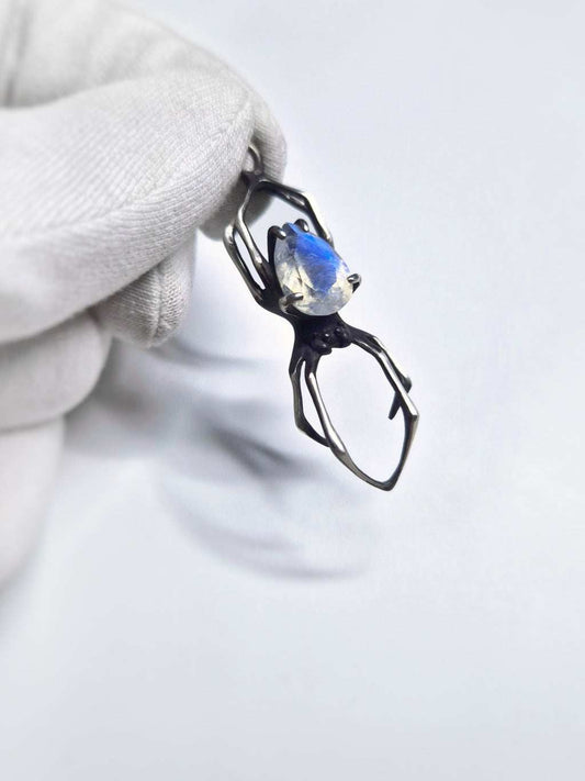 Collier Araignée en Argent - Pierre de Lune Arc-en-ciel - Bijou oxydé fait main