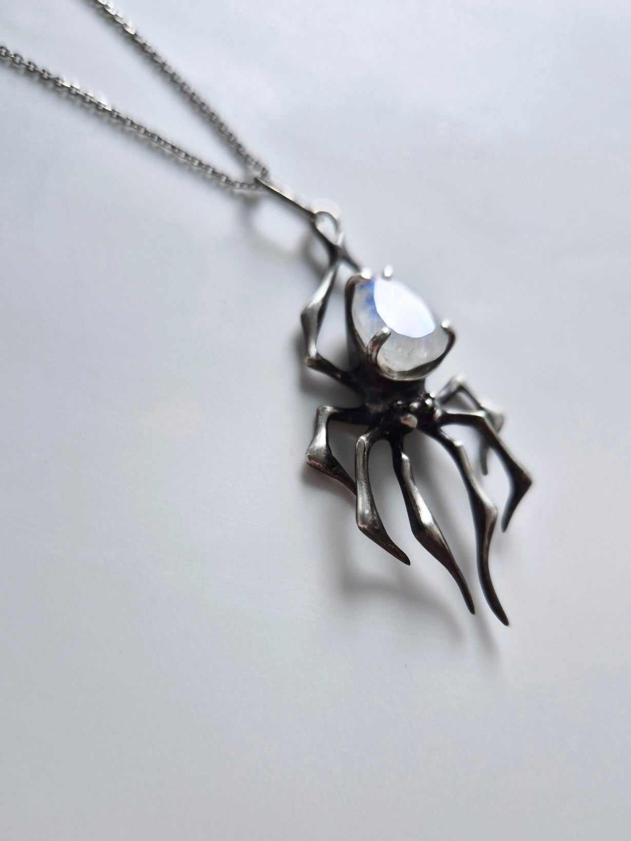 Spider necklace in Sterling silver - Rainbow Moonstone gem - Custom crafted