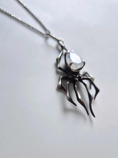 Spider necklace in Sterling silver - Rainbow Moonstone gem - Custom crafted