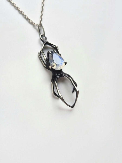 Collier Araignée en Argent - Pierre de Lune Arc-en-ciel - Bijou oxydé fait main
