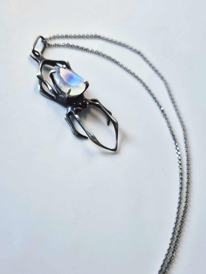 Spider necklace  - Rainbow moonstone gem  - Handmade oxidized jewelry