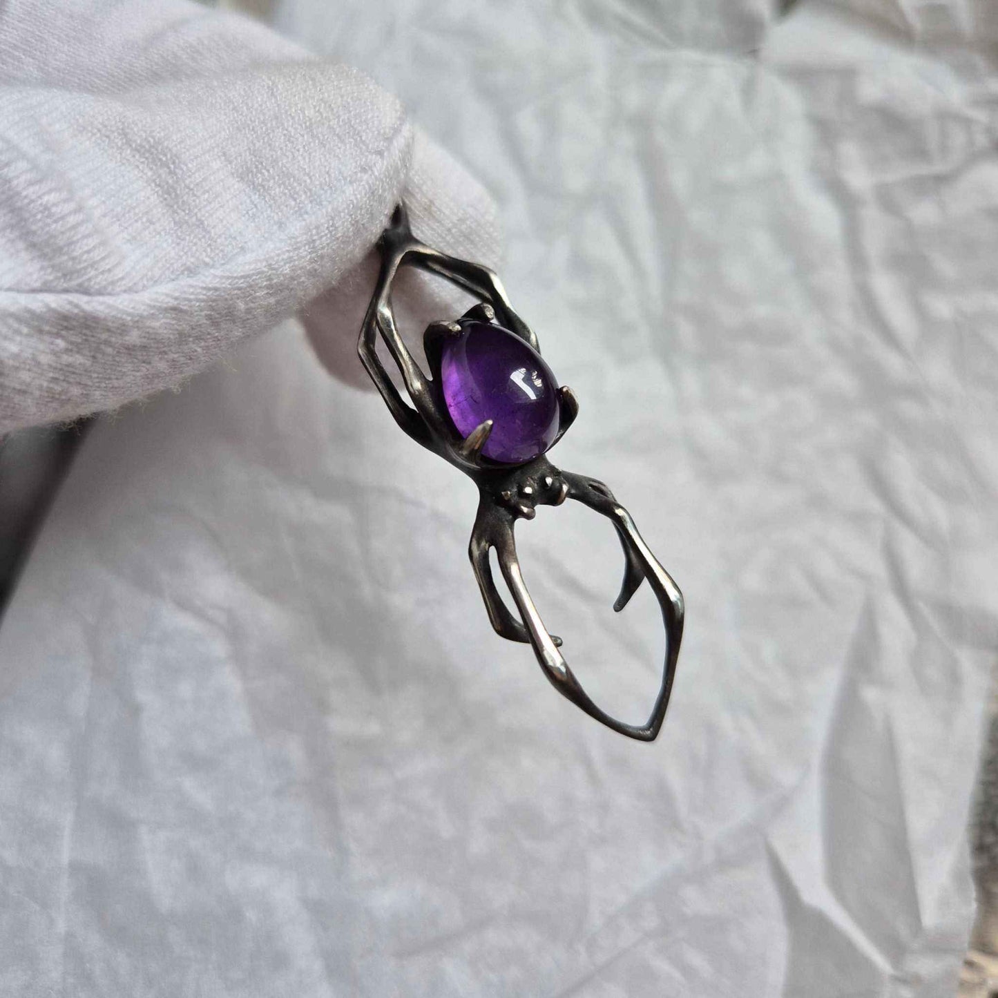 Handmade silver pendant with amethyst spider design, witchy jewelry