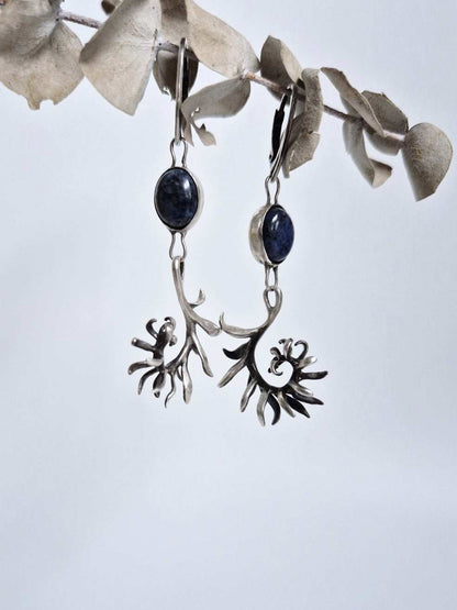 Fern earrings – Natural dumortierite gems - Handmade oxidized silver jewelry