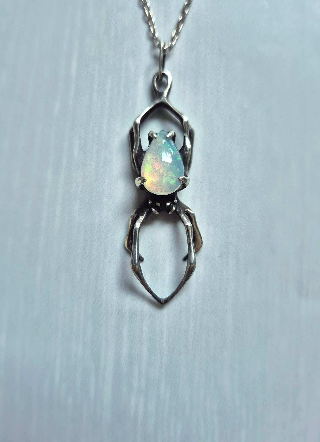 Spider Necklace in Sterling silver – natural Opal gem - One-of-a-kind / Ready to ship