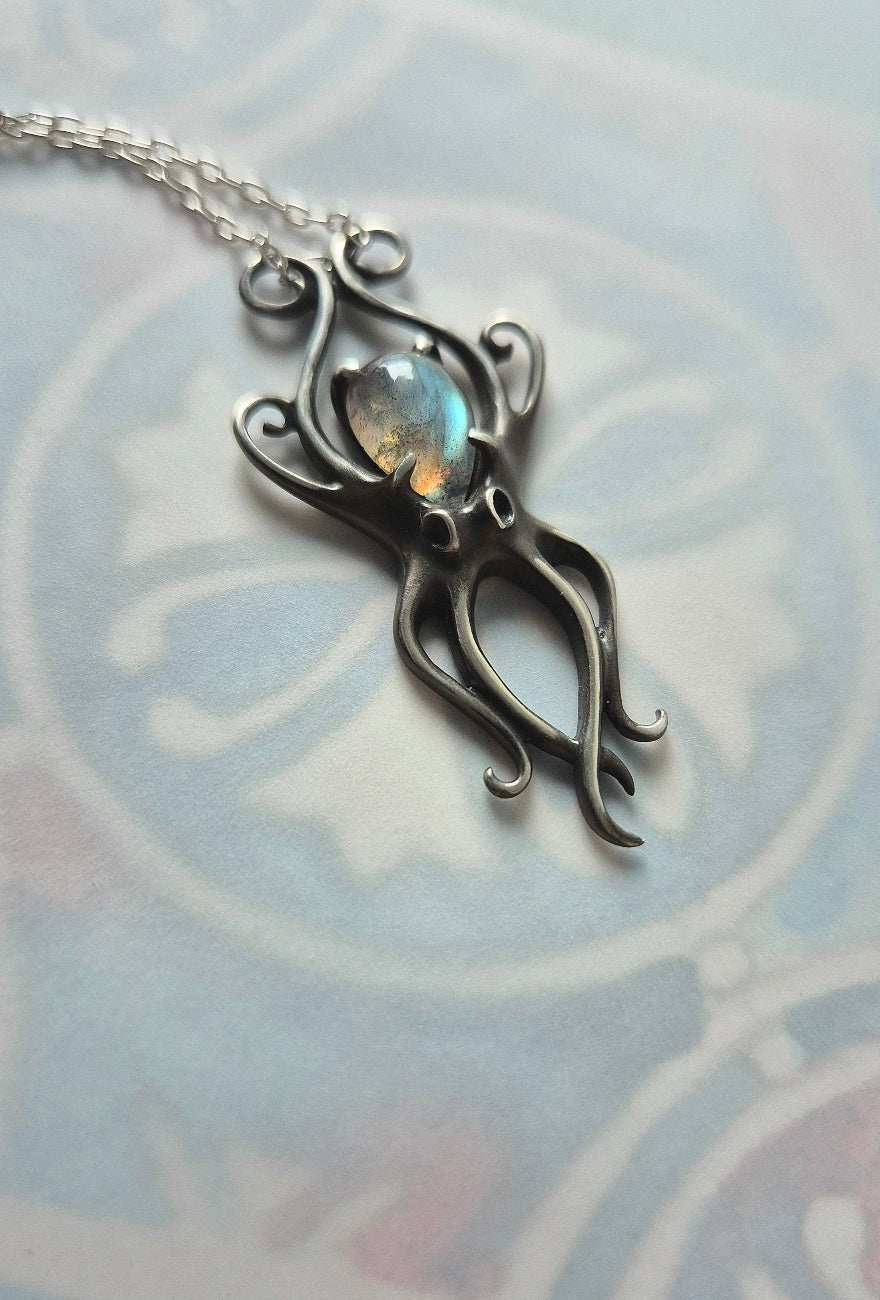 Collier Pieuvre en Argent - Gemme Labradorite Bleue - Bijoux en argent faits main