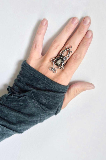 octopus ring in sterling silver - golden obsidian