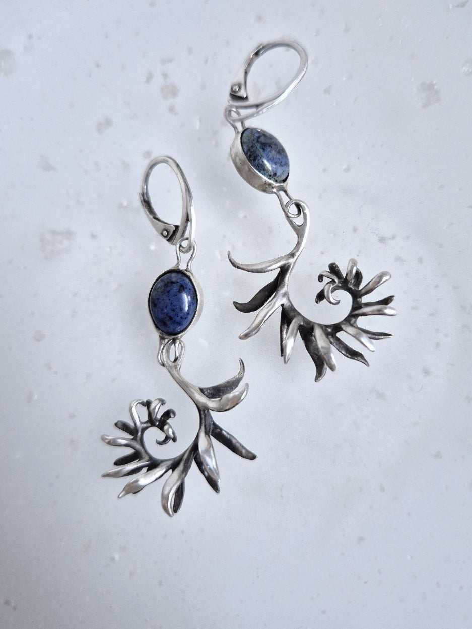 Fern earrings – Natural dumortierite gems - Handmade oxidized silver jewelry