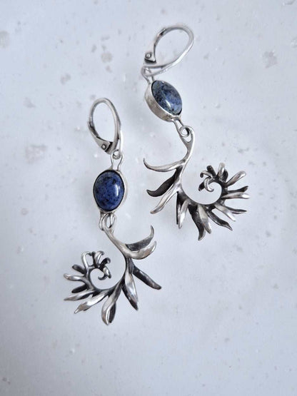Fern earrings – Natural dumortierite gems - Handmade oxidized silver jewelry