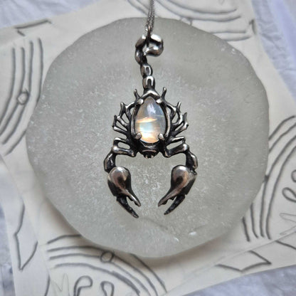 Lunar Scorpion pendant with a moonstone cabochon gem; Witchy silver jewelry