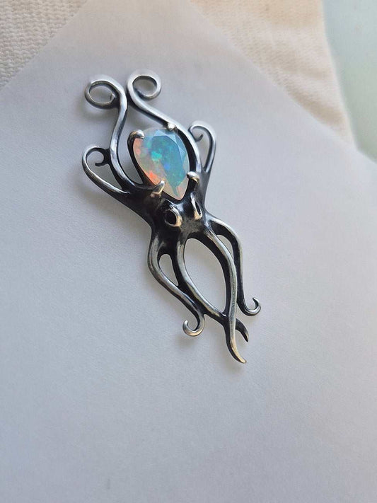 Silver Octopus necklace - Natural Opal gem - Handmade Ocean jewelry