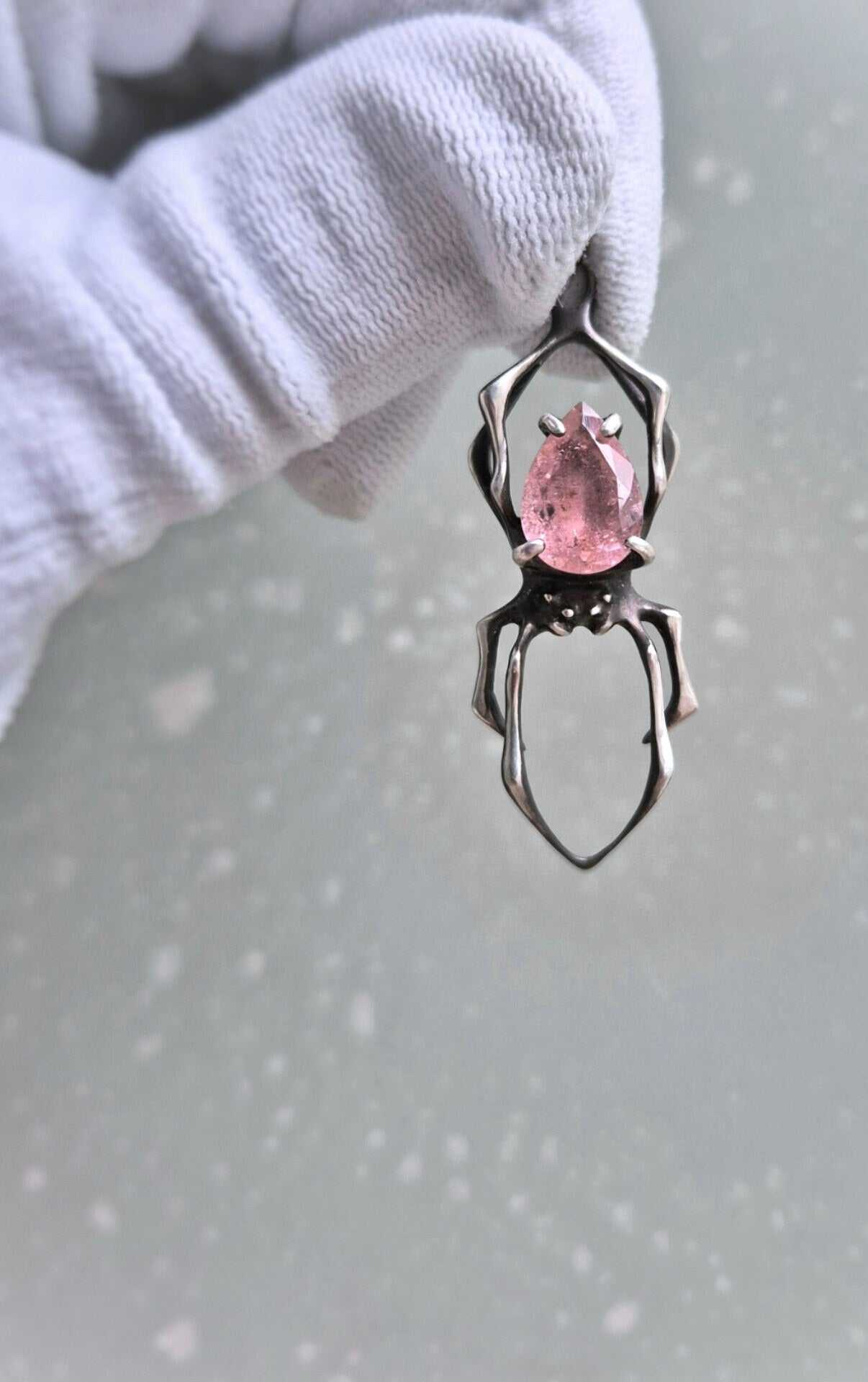 Silver spider Necklace – Tourmaline gem - Handmade silver jewelry