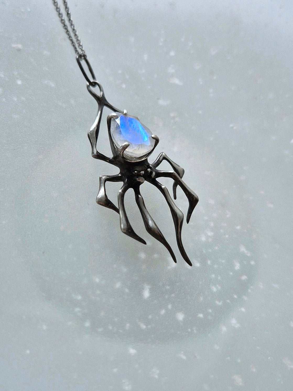 Spider necklace in Sterling silver - Rainbow Moonstone gem - Custom crafted