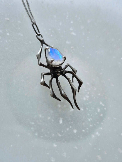 Spider necklace in Sterling silver - Rainbow Moonstone gem - Custom crafted