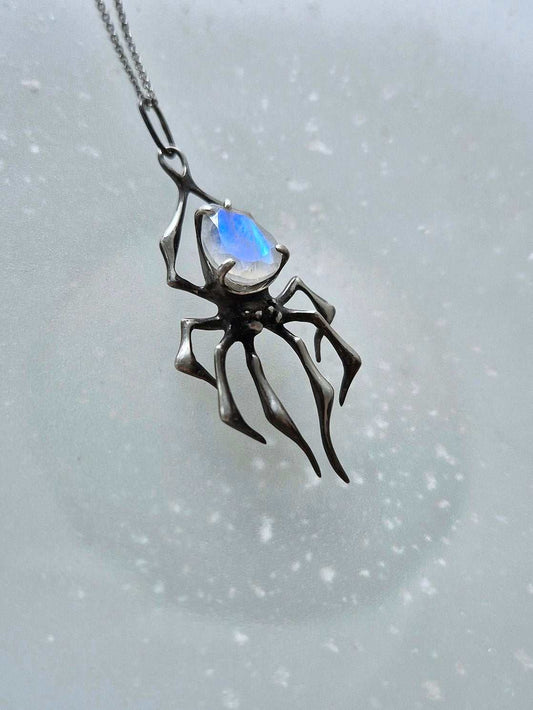 Spider necklace in Sterling silver - Rainbow Moonstone gem - Custom crafted