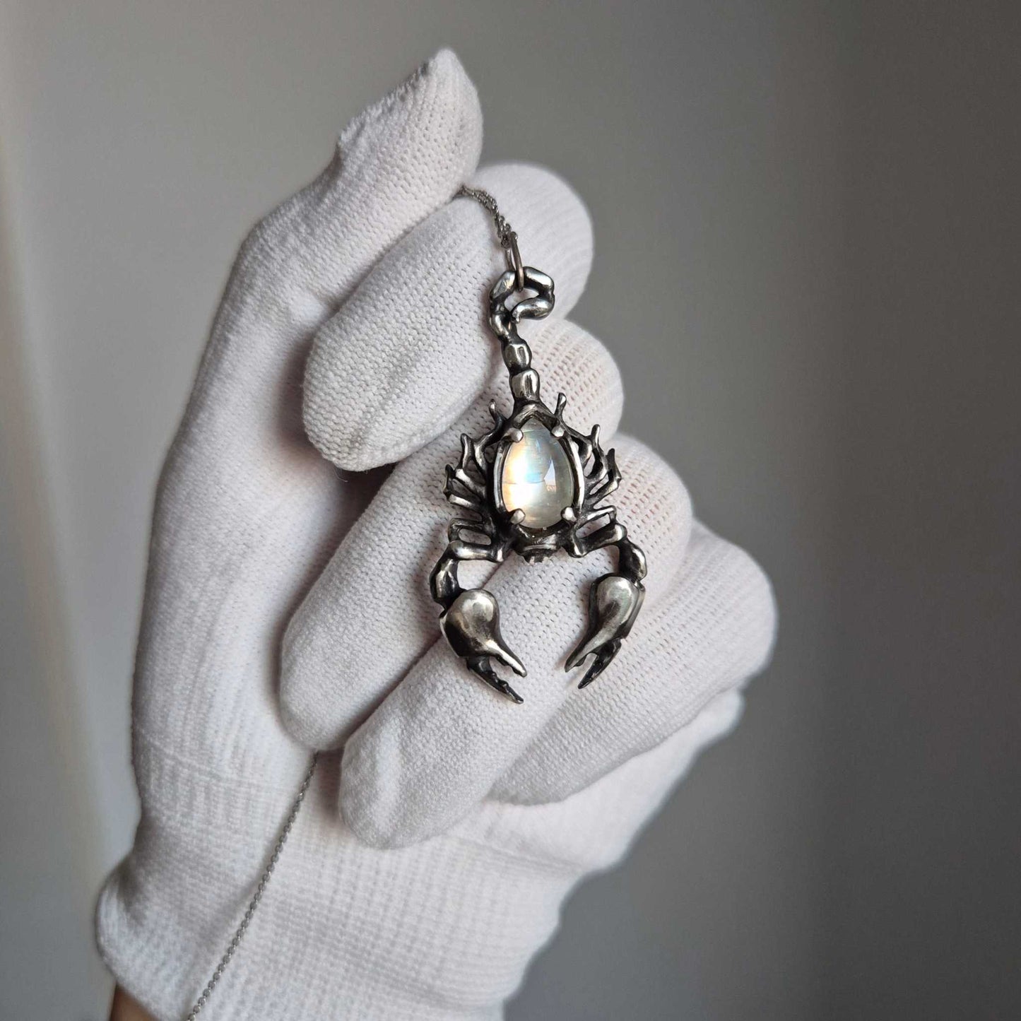 Lunar Scorpion pendant with a moonstone cabochon gem; Witchy silver jewelry