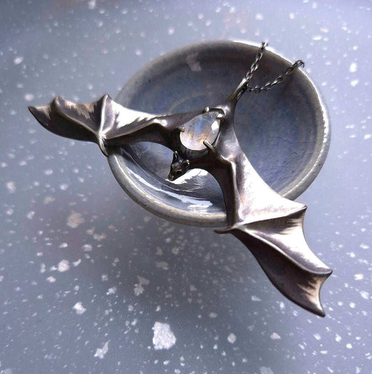 Bat necklace in Sterling silver with Rainbow Moonstone gem