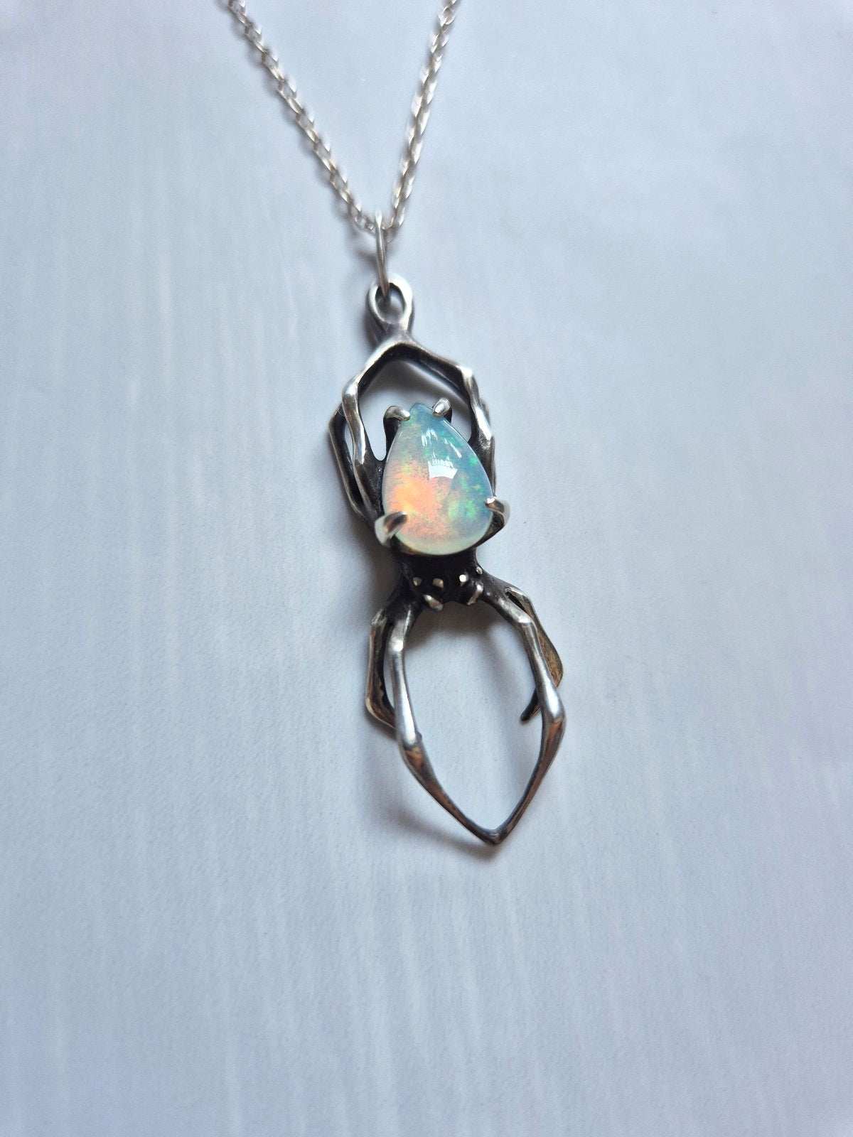 Spider Necklace in Sterling silver – natural Opal gem - One-of-a-kind / Ready to ship