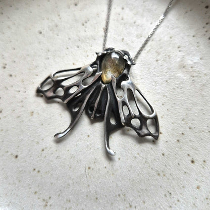 Golden Aurora Moth pendant - Made to Order - with a golden labradorite cabochon gem, silver talisman