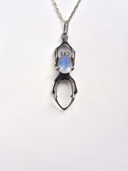 Collier Araignée en Argent - Pierre de Lune Arc-en-ciel - Bijou oxydé fait main