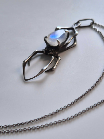 Spider necklace  - Rainbow moonstone gem  - Handmade oxidized jewelry