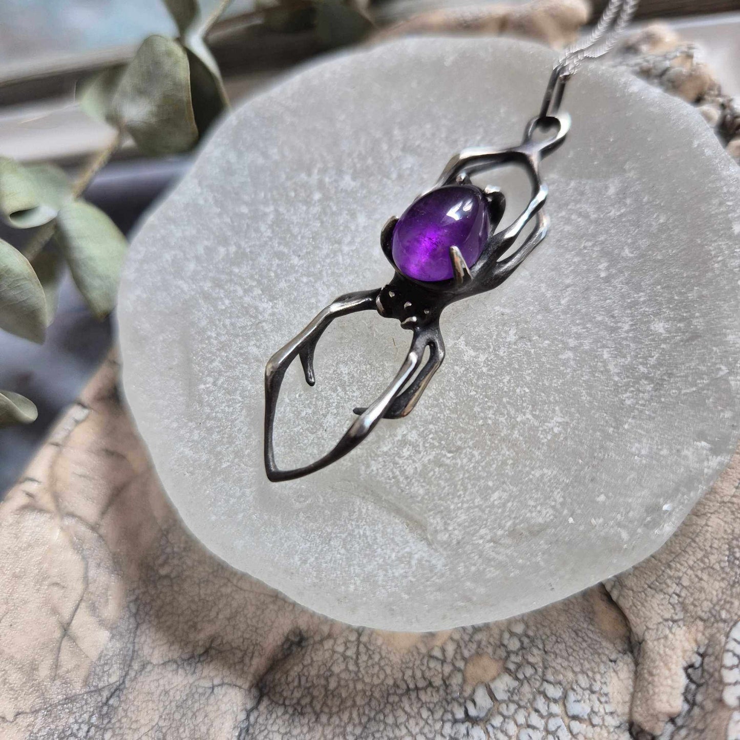 Handmade silver pendant with amethyst spider design, witchy jewelry