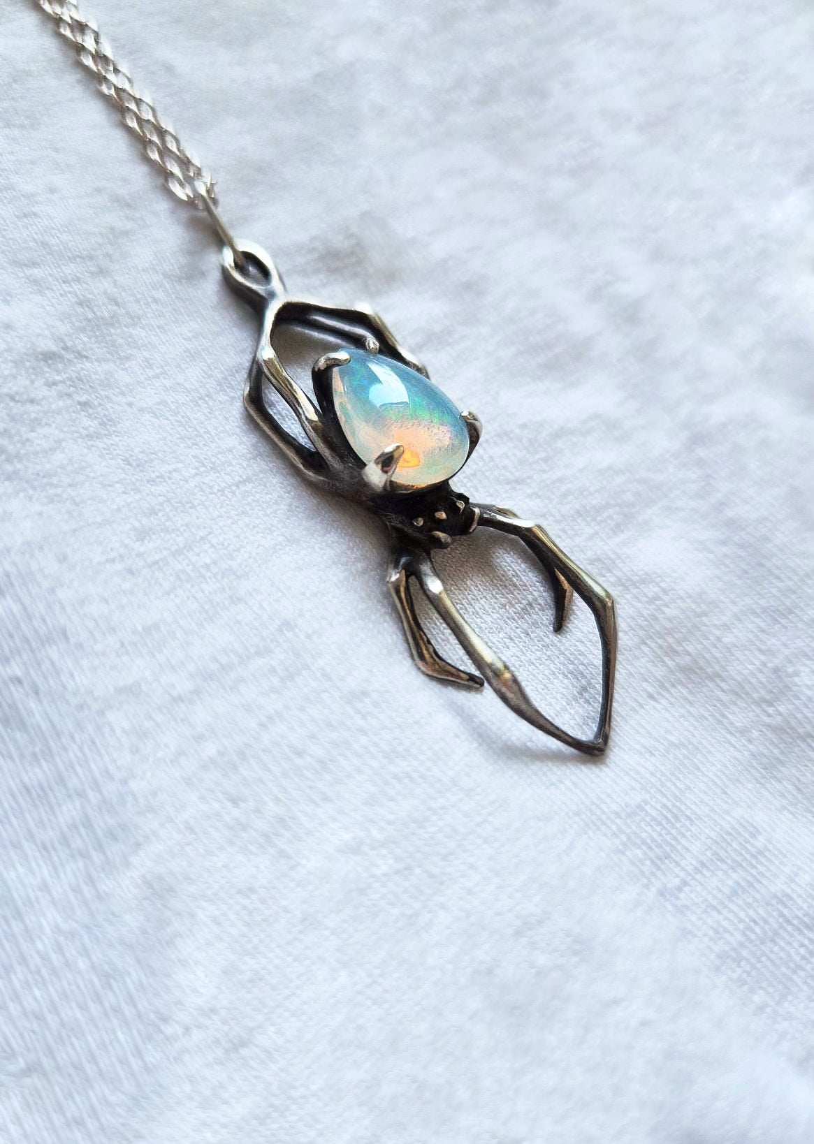 spider necklace in sterling silver – opal - one-of-a-kind
