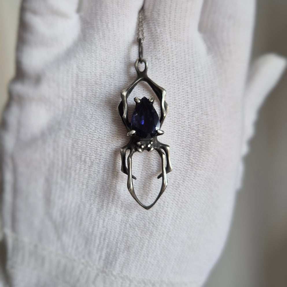 Night sky spider pendant with an iolite sunstone gem, Witchy silver talisman