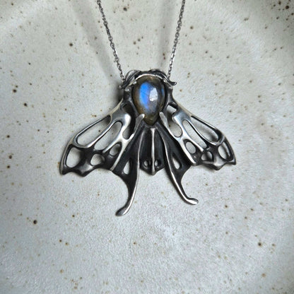 Blue Aurora Moth pendant - Made to Order - with a blue labradorite cabochon gem, silver talisman