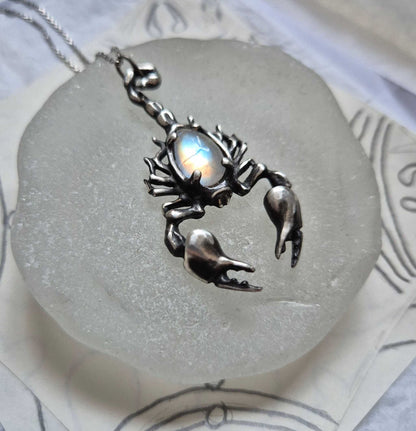 Lunar Scorpion pendant with a moonstone cabochon gem; Witchy silver jewelry