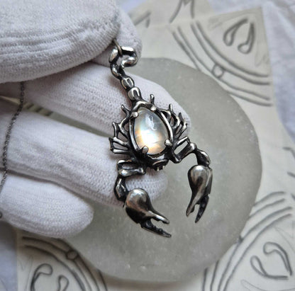 Lunar Scorpion pendant with a moonstone cabochon gem; Witchy silver jewelry