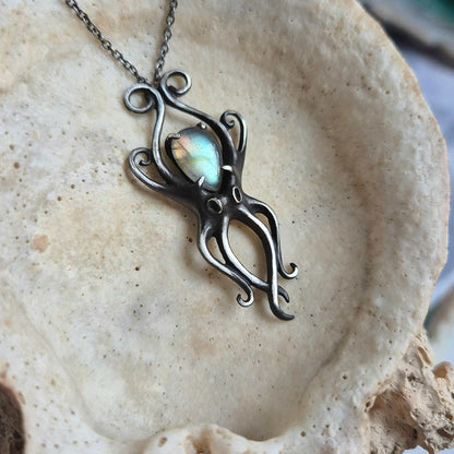 Silver octopus pendant, Mermaid silver jewelry octopus on plate