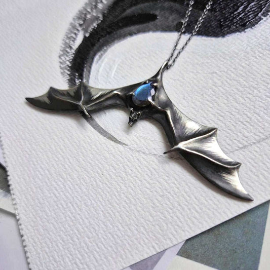 Bat necklace in Sterling silver with blue Labradorite gem