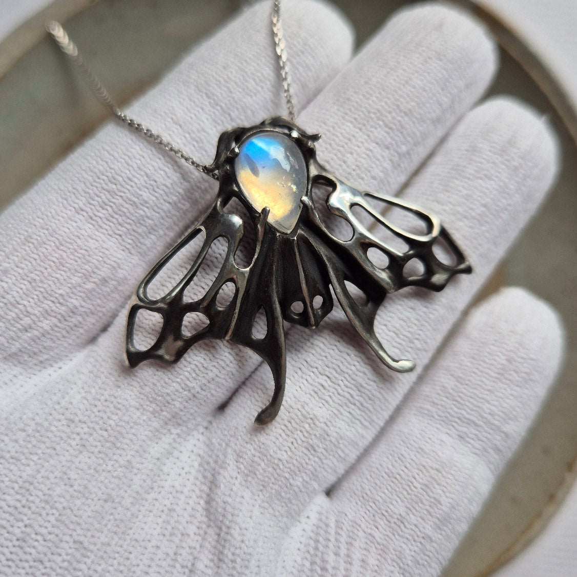 Lunar Moth Pendant, Silver Talisman with a rainbow moonstone gem