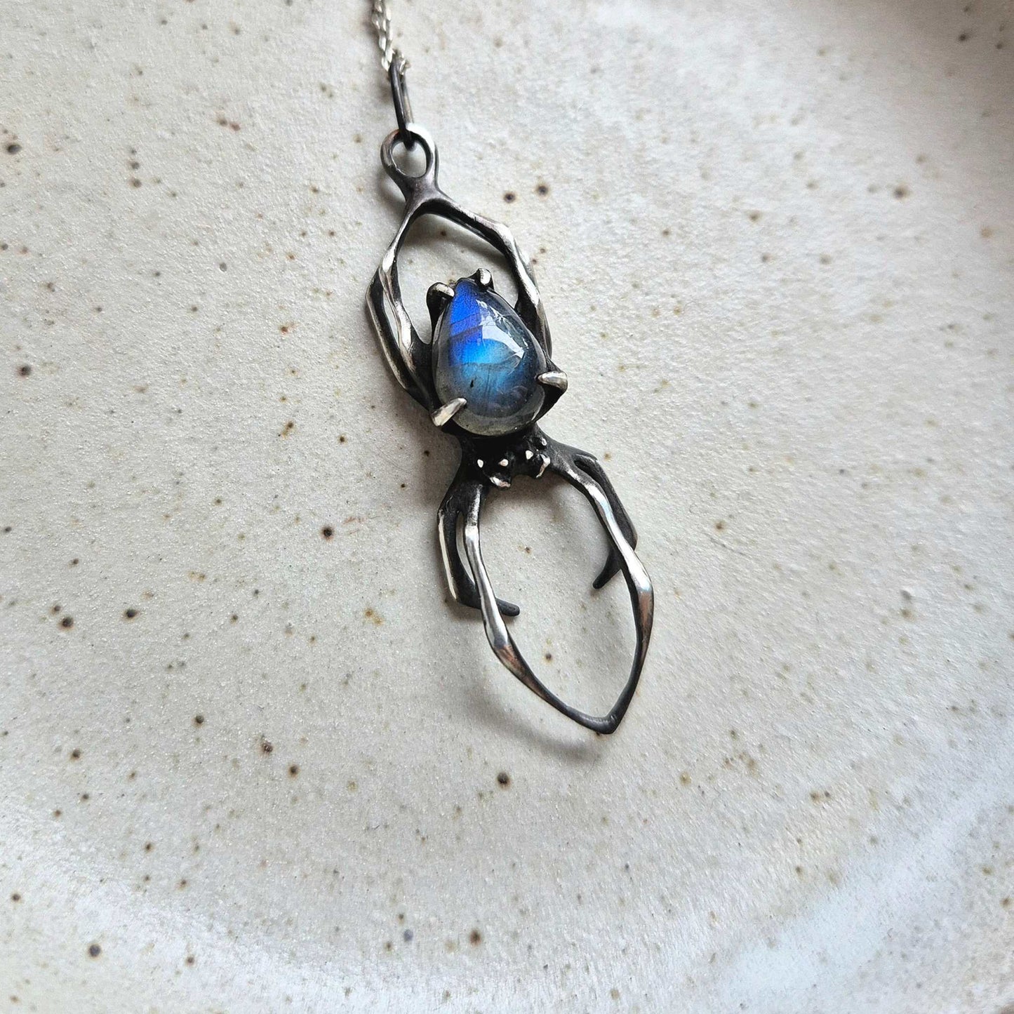 Aurora Spider pendant Made to Order, with a blue labradorite gem,  handmade Witchy silver amulet